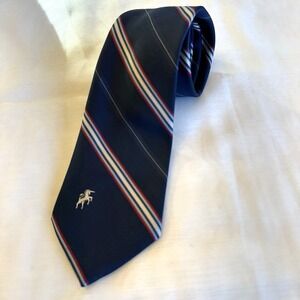 Vintage Mens Bronzini Navy Blue Striped Neck Tie Embroidered Unicorn Logo 57 in
